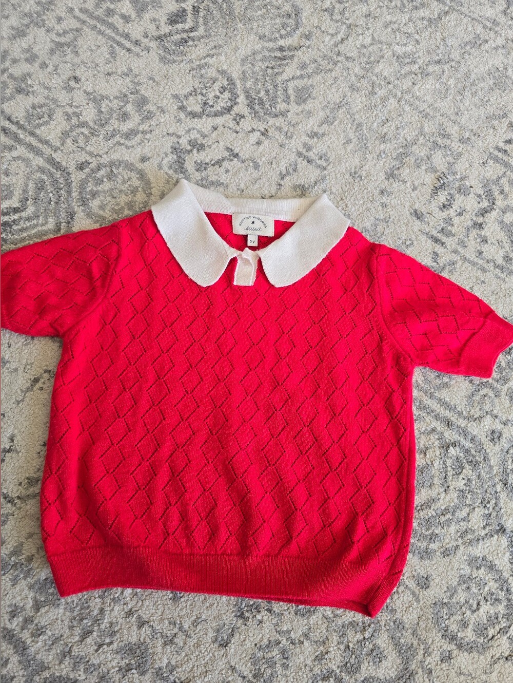 Spain Designer Girls Red Knit Top with White Peter Pan Collar